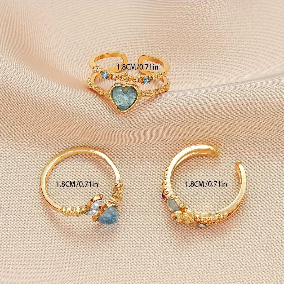 Heart & Floral Rhinestone Ring Set 3 Piece Combination Jewelry